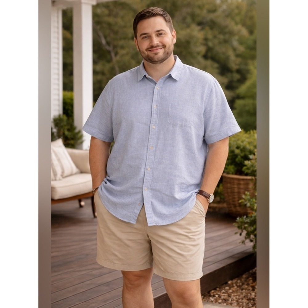 Rochester Mens 2XL Blue Linen Blend Short Sleeve Button Down Shirt Chambray